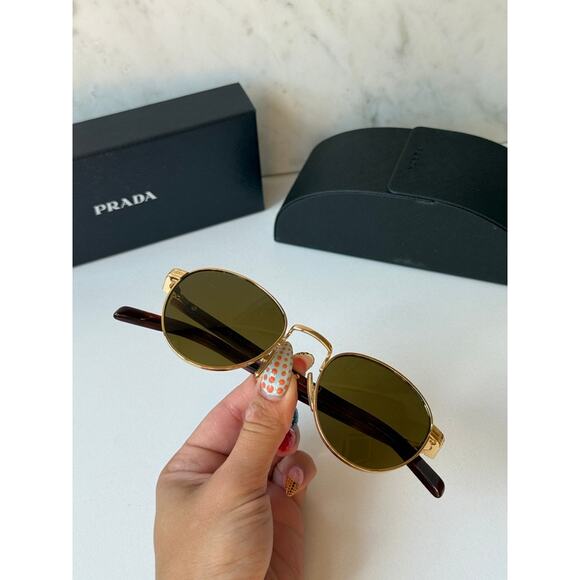 NEW Prada PR B52S Gold Brown Round Metal Sunglasses - Picture 2 of 8